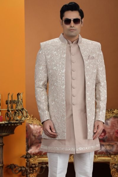 Ethereal Beige Peach Designer Art Silk Suit Set with Heavy Neck and Button Handwork Kurta Pajama Wholesale