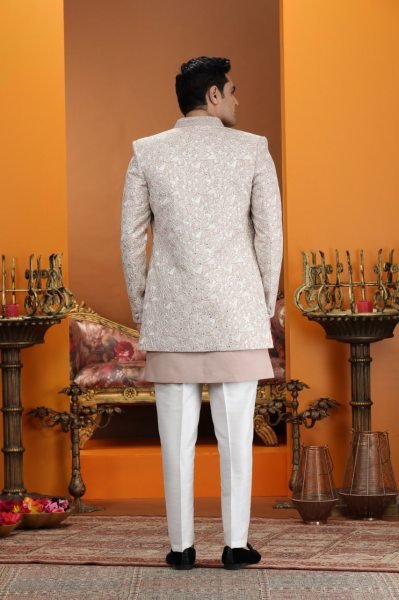 Ethereal Beige Peach Designer Art Silk Suit Set with Heavy Neck and Button Handwork Kurta Pajama Wholesale