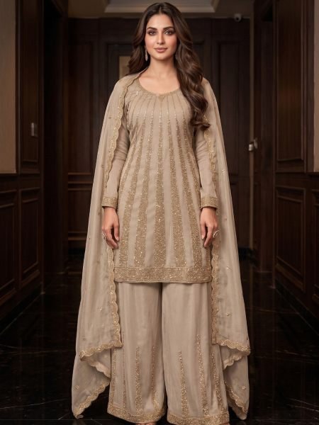 Ethereal Beige Premium Silk Beads Work Palazzo Set with Designer Dupatta  For Festival Collection 