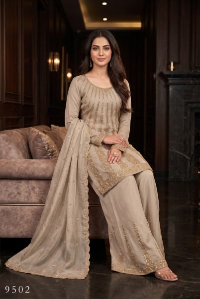 Ethereal Beige Premium Silk Beads Work Palazzo Set with Designer Dupatta  For Festival Collection Designer Plazzo Salwar Suits Wholesale