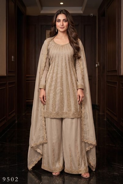Ethereal Beige Premium Silk Beads Work Palazzo Set with Designer Dupatta  For Festival Collection Designer Plazzo Salwar Suits Wholesale
