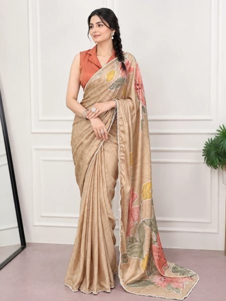 Ethereal Beige Satin Silk Saree with Printed Pattern and Pearl Lace for Party