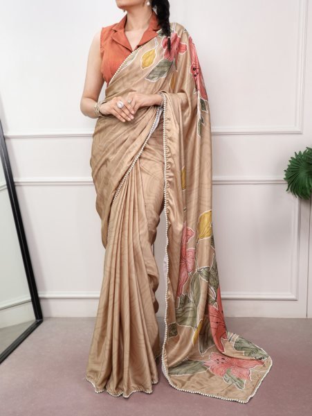 Ethereal Beige Satin Silk Saree with Printed Pattern and Pearl Lace for Party Silk Sarees Wholesale