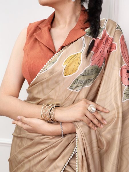 Ethereal Beige Satin Silk Saree with Printed Pattern and Pearl Lace for Party Silk Sarees Wholesale