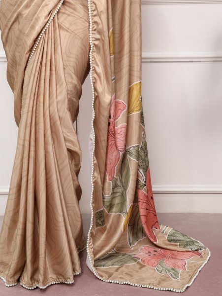 Ethereal Beige Satin Silk Saree with Printed Pattern and Pearl Lace for Party Silk Sarees Wholesale