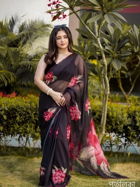 Ethereal Black Designer Floral Saree with Cutdana Work for Festive Wear Sarees 
