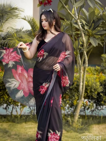 Ethereal Black Designer Floral Saree with Cutdana Work for Festive Wear Printed Cotton Sarees Wholesale