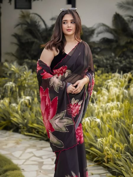 Ethereal Black Designer Floral Saree with Cutdana Work for Festive Wear Printed Cotton Sarees Wholesale