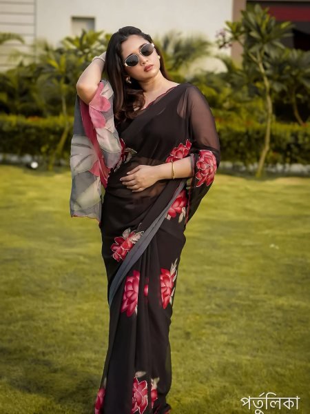 Ethereal Black Designer Floral Saree with Cutdana Work for Festive Wear Printed Cotton Sarees Wholesale