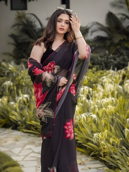 Ethereal Black Designer Floral Saree with Cutdana Work for Festive Wear Printed Cotton Sarees Wholesale