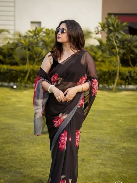 Ethereal Black Designer Floral Saree with Cutdana Work for Festive Wear Printed Cotton Sarees Wholesale