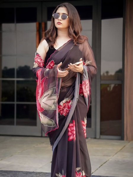 Ethereal Black Designer Floral Saree with Cutdana Work for Festive Wear Printed Cotton Sarees Wholesale