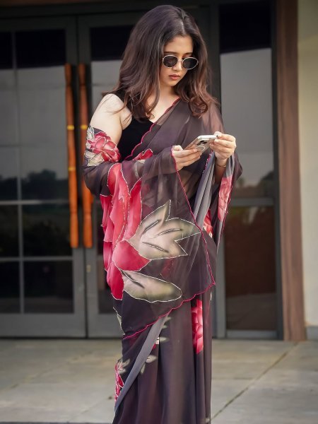 Ethereal Black Designer Floral Saree with Cutdana Work for Festive Wear Printed Cotton Sarees Wholesale