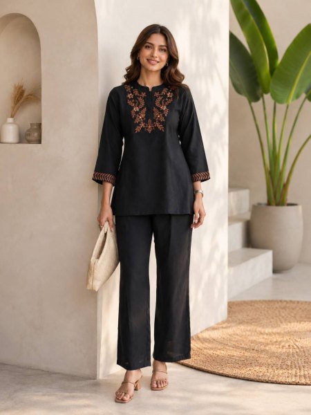 Ethereal Black Designer Roman Silk Co Ord Collection at Wholesale Rate for Women Kurtis