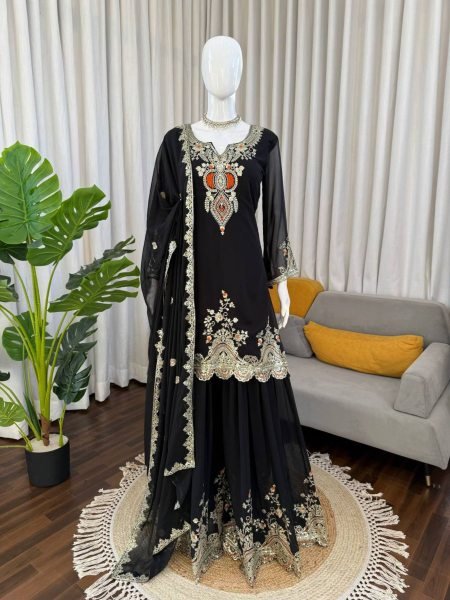 Ethereal Black Faux Georgette Embroidered Sharara Suit for Wholesaler at Manufacturer Rate Ready To Wear Suit
