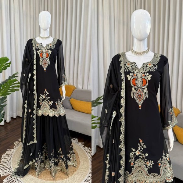 Ethereal Black Faux Georgette Embroidered Sharara Suit for Wholesaler at Manufacturer Rate Ready To Wear Collection