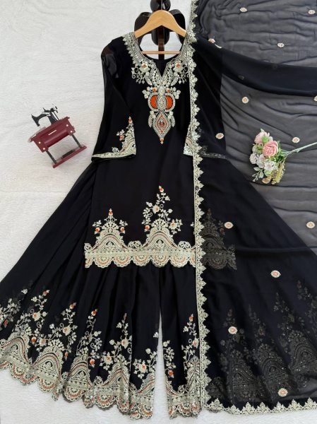 Ethereal Black Faux Georgette Embroidered Sharara Suit for Wholesaler at Manufacturer Rate Ready To Wear Collection