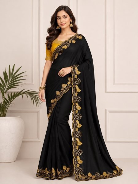 Ethereal Black Party Wear Rangoli Silk Saree with Embroidered Blouse For Party Wear Silk Sarees Wholesale