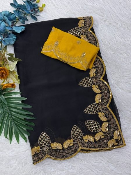 Ethereal Black Party Wear Rangoli Silk Saree with Embroidered Blouse For Party Wear Silk Sarees Wholesale