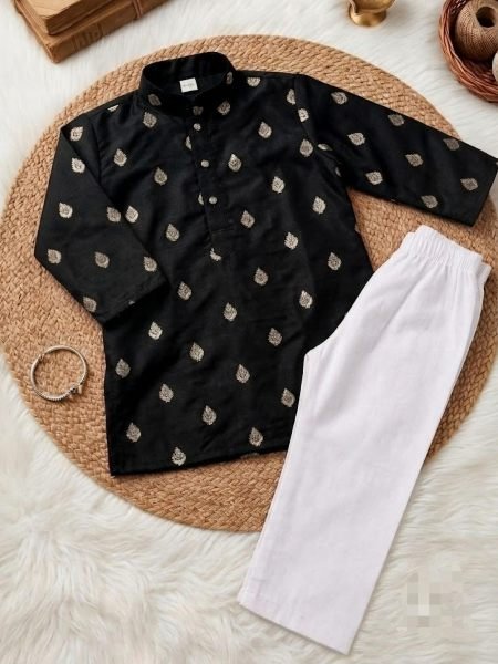 Ethereal Black Premium Kids Boys Kurta Set with Gold Zari Weaving 