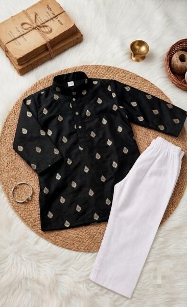 Ethereal Black Premium Kids Boys Kurta Set with Gold Zari Weaving Boys Wear