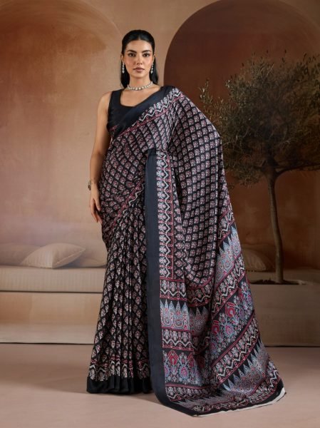 Ethereal Black Women Designer Satin Georgette Saree at Manufacturer Rate Georgette Sarees Wholesale
