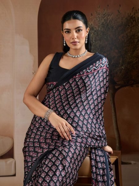 Ethereal Black Women Designer Satin Georgette Saree at Manufacturer Rate Georgette Sarees Wholesale