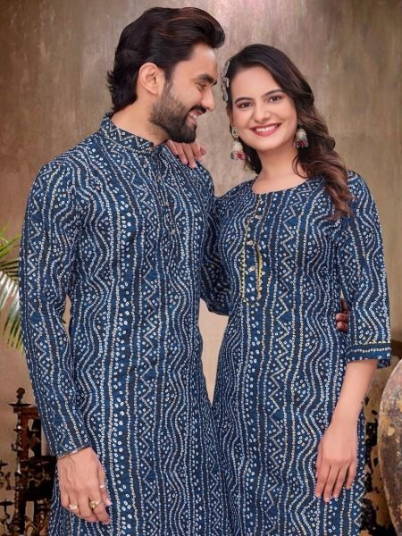 Ethereal Blue Comfortable Rayon Couple Outfit for Festive Wear Couple Combo collection 