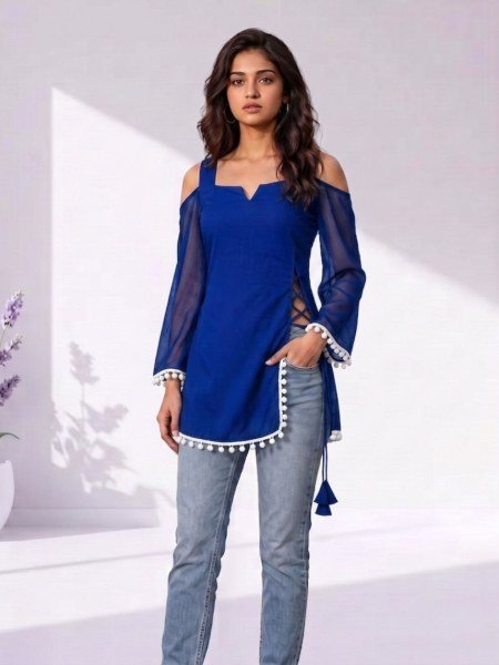 Ethereal Blue Off Shoulder Georgette Short Kurti with Side Tie Tassels and Pompom Lace