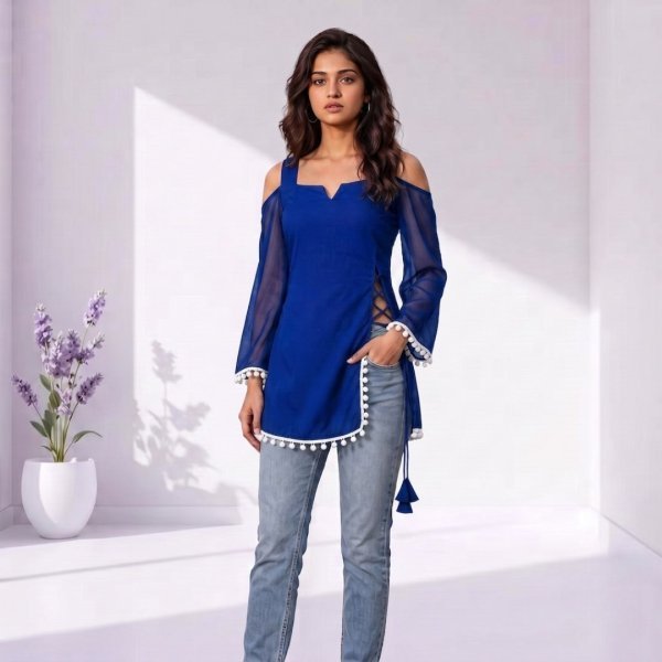 Ethereal Blue Off Shoulder Georgette Short Kurti with Side Tie Tassels and Pompom Lace Full Set Kurti
