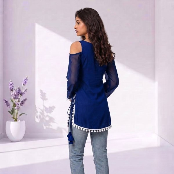 Ethereal Blue Off Shoulder Georgette Short Kurti with Side Tie Tassels and Pompom Lace Full Set Kurti