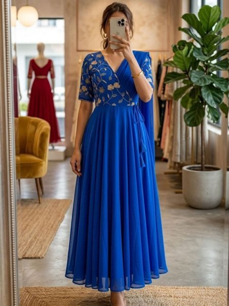 Ethereal Blue Pre Draped Saree Style Gown in Vichitra Silk with Sequins Embroidery Kurtis