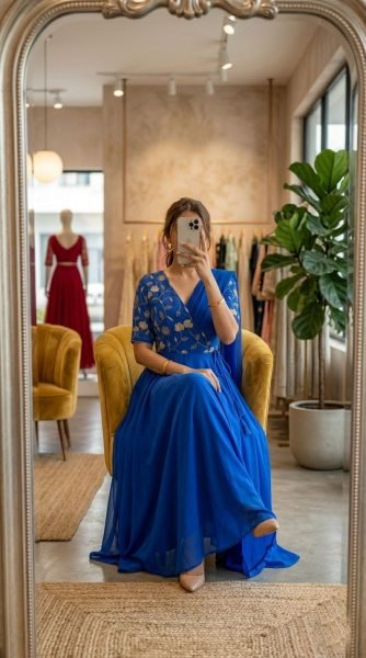Ethereal Blue Pre Draped Saree Style Gown in Vichitra Silk with Sequins Embroidery Anarkali Kurtis 