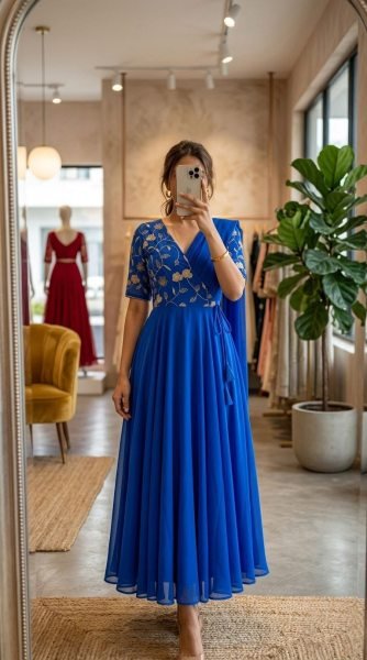 Ethereal Blue Pre Draped Saree Style Gown in Vichitra Silk with Sequins Embroidery Anarkali Kurtis 