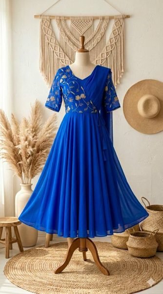 Ethereal Blue Pre Draped Saree Style Gown in Vichitra Silk with Sequins Embroidery Anarkali Kurtis 