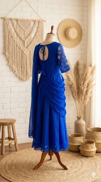 Ethereal Blue Pre Draped Saree Style Gown in Vichitra Silk with Sequins Embroidery Anarkali Kurtis 