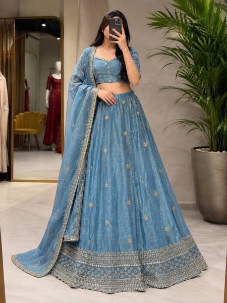 Ethereal Blue Space Silk Jacquard Lehenga Choli with Heavy Beadwork at Wholesale Rate 