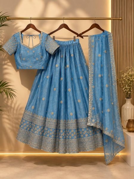 Ethereal Blue Space Silk Jacquard Lehenga Choli with Heavy Beadwork at Wholesale Rate Designer Lehenga Choli
