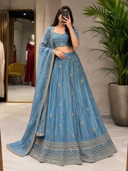 Ethereal Blue Space Silk Jacquard Lehenga Choli with Heavy Beadwork at Wholesale Rate Designer Lehenga Choli