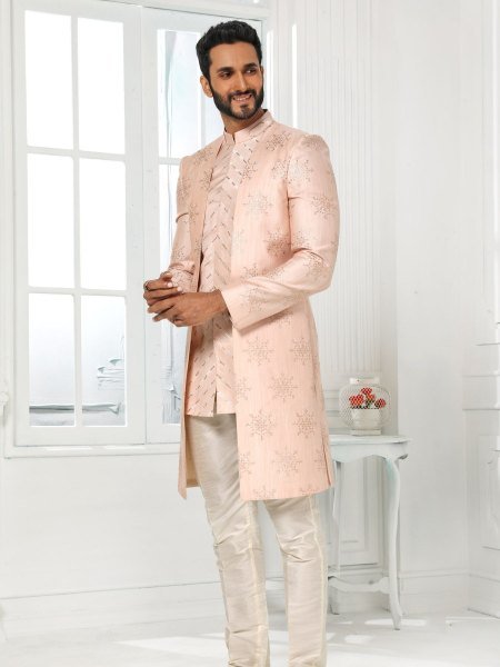 Ethereal Blush Peach Mens Designer Jacket Set for Wedding and Festive Collection Mens Wear