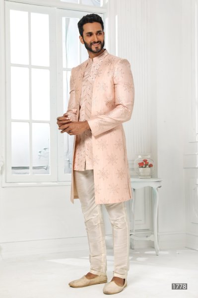 Ethereal Blush Peach Mens Designer Jacket Set for Wedding and Festive Collection Kurta Pajama Wholesale