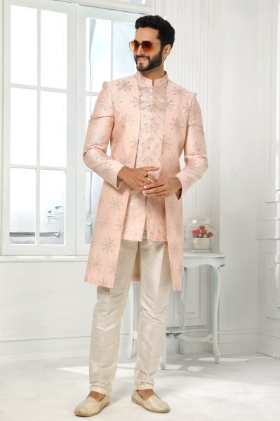 Ethereal Blush Peach Mens Designer Jacket Set for Wedding and Festive Collection Kurta Pajama Wholesale