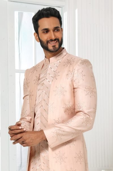 Ethereal Blush Peach Mens Designer Jacket Set for Wedding and Festive Collection Kurta Pajama Wholesale