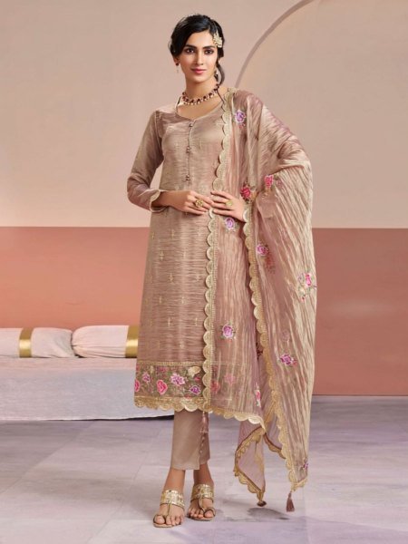 Ethereal Brown Gold Silk Dress Material with Sequence Embroidery Work Salwar Kameez