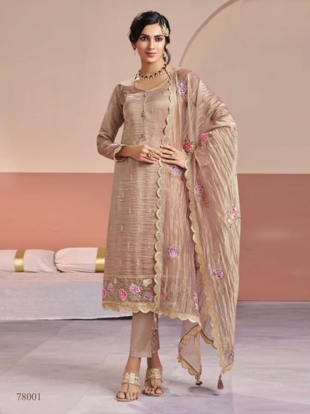 Ethereal Brown Gold Silk Dress Material with Sequence Embroidery Work Churidar Salwar Suits Wholesale
