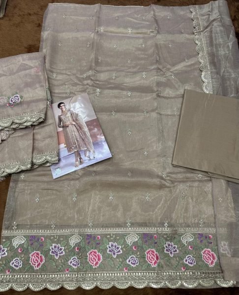 Ethereal Brown Gold Silk Dress Material with Sequence Embroidery Work Churidar Salwar Suits Wholesale