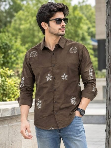 Ethereal Brown Trendy Men’s Cotton Embroidered Full Sleeve Shirt  