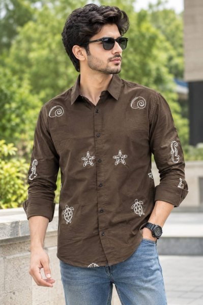 Ethereal Brown Trendy Men’s Cotton Embroidered Full Sleeve Shirt  Mens Shirt