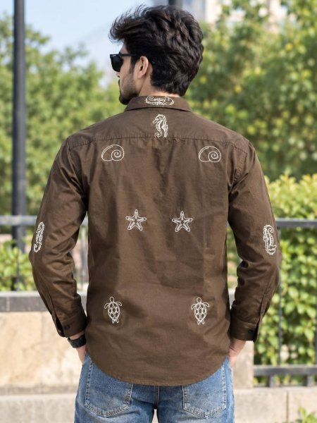 Ethereal Brown Trendy Men’s Cotton Embroidered Full Sleeve Shirt  Mens Shirt