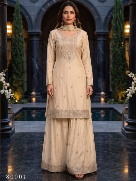 Ethereal Cream Chinnon 3 Piece Suit with Hand Beads and Sequins Embroidery For Festival Wear 